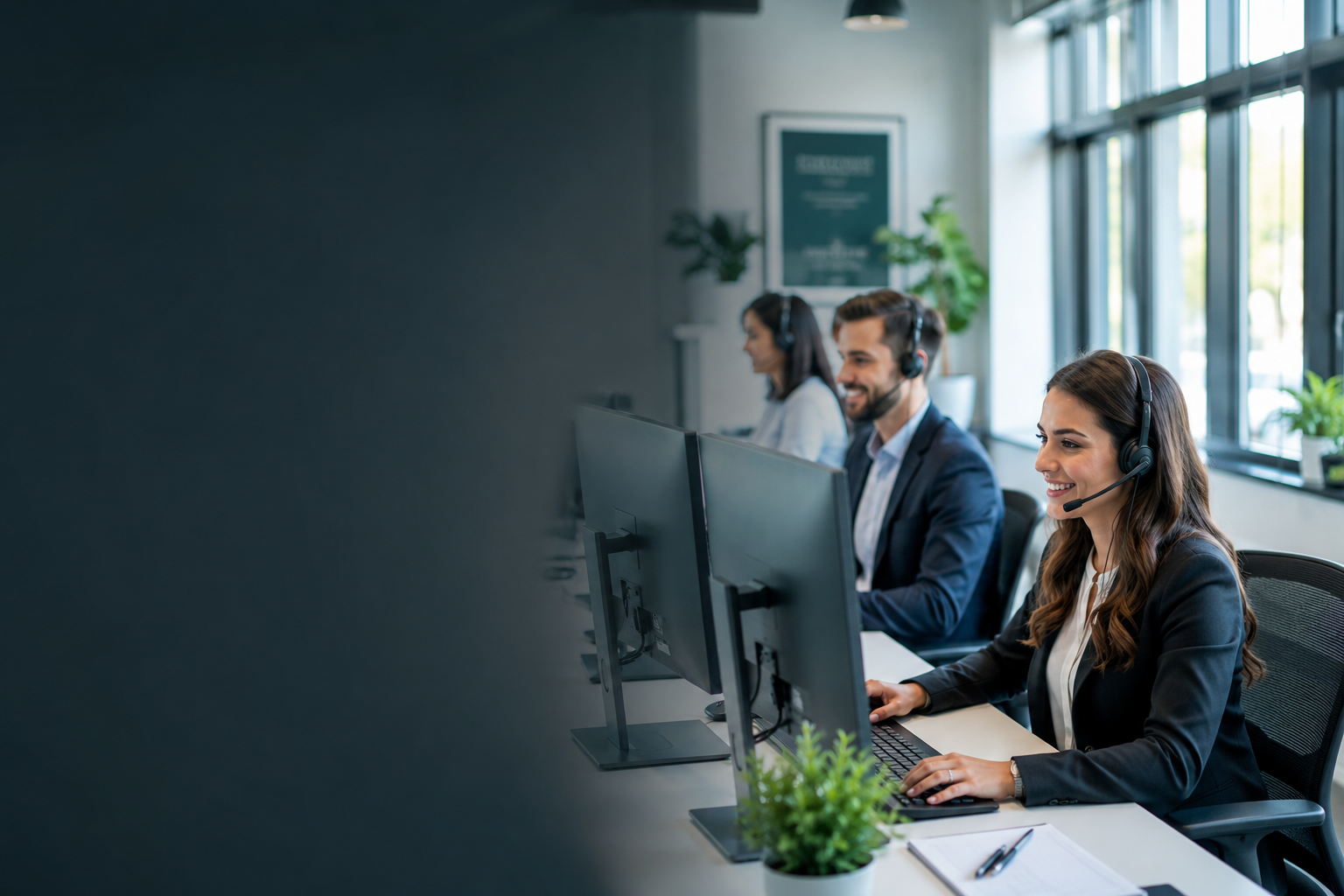 Smiling customer support agents wearing headsets working at computers in a bright office
